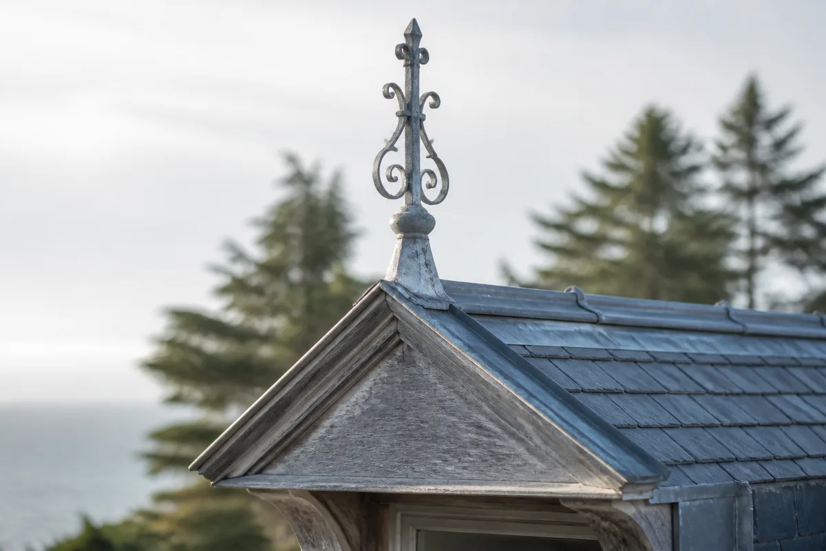 Lucarne à fronton et épi de faîtage en zinc sur une toiture en ardoise de la Ville d’Hiver