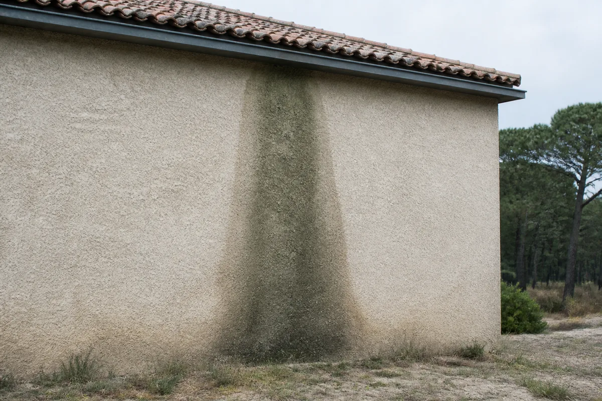 Façade claire tachée par une coulure verte sous un débord de toiture bordé de pins maritimes