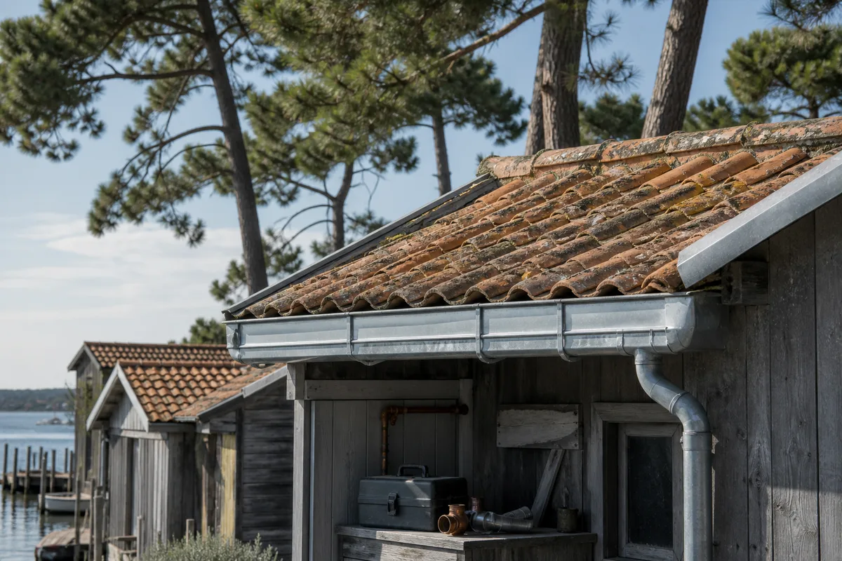 Charpente traditionnelle et grille de ventilation de combles dans une maison du Bassin