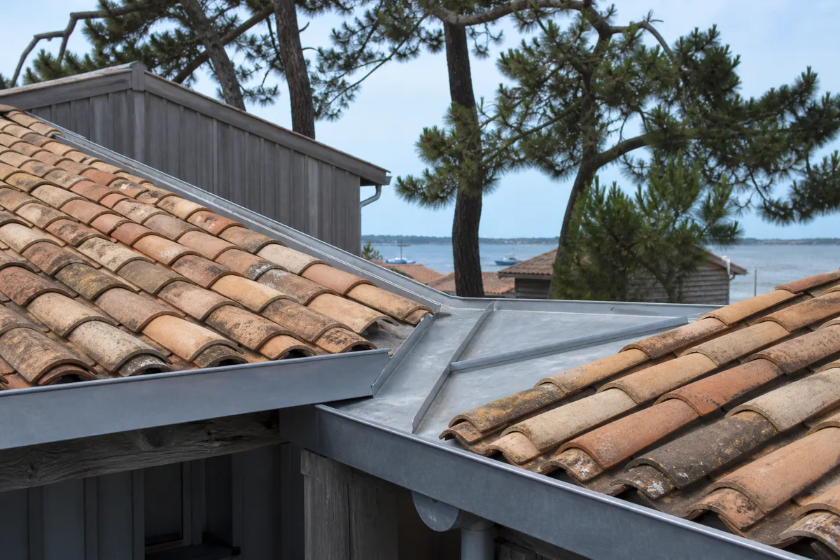 Gouttière en aluminium laqué saturée d'aiguilles de pin à Gujan-Mestras