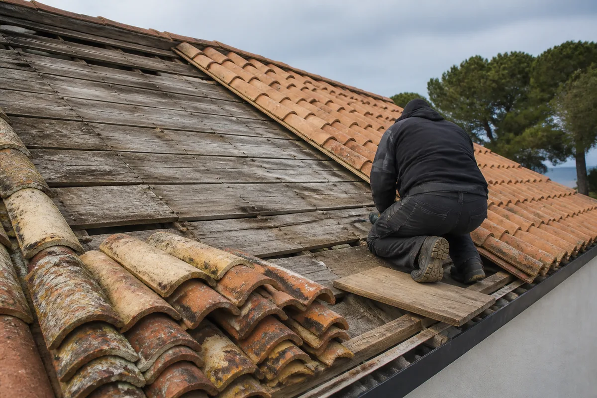 Versant de toiture partiellement déposé laissant voir la volige en pin d’une maison du Bassin d’Arcachon