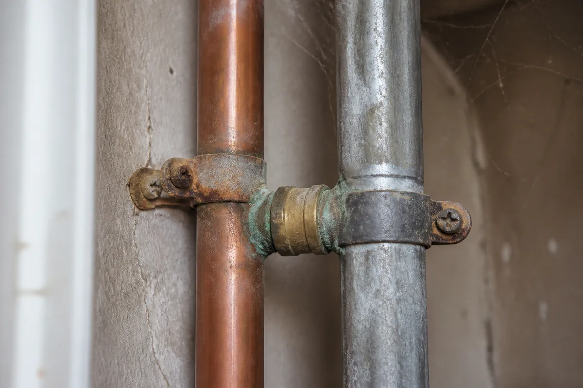 Colonnes en cuivre et en acier galvanisé piquées par l’air marin dans un placard technique d’appartement arcachonnais