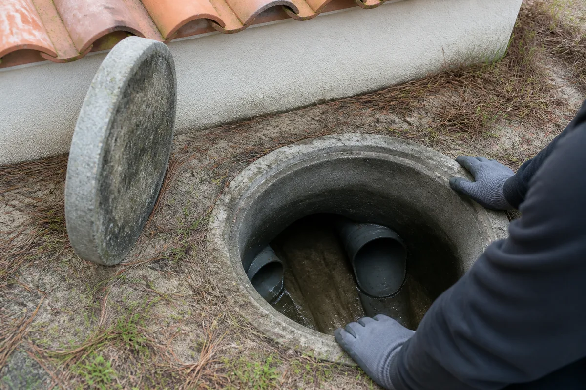 Regard d’assainissement ouvert dans un sol sableux au pied d’une maison basse en tuile canal, près du delta de la Leyre