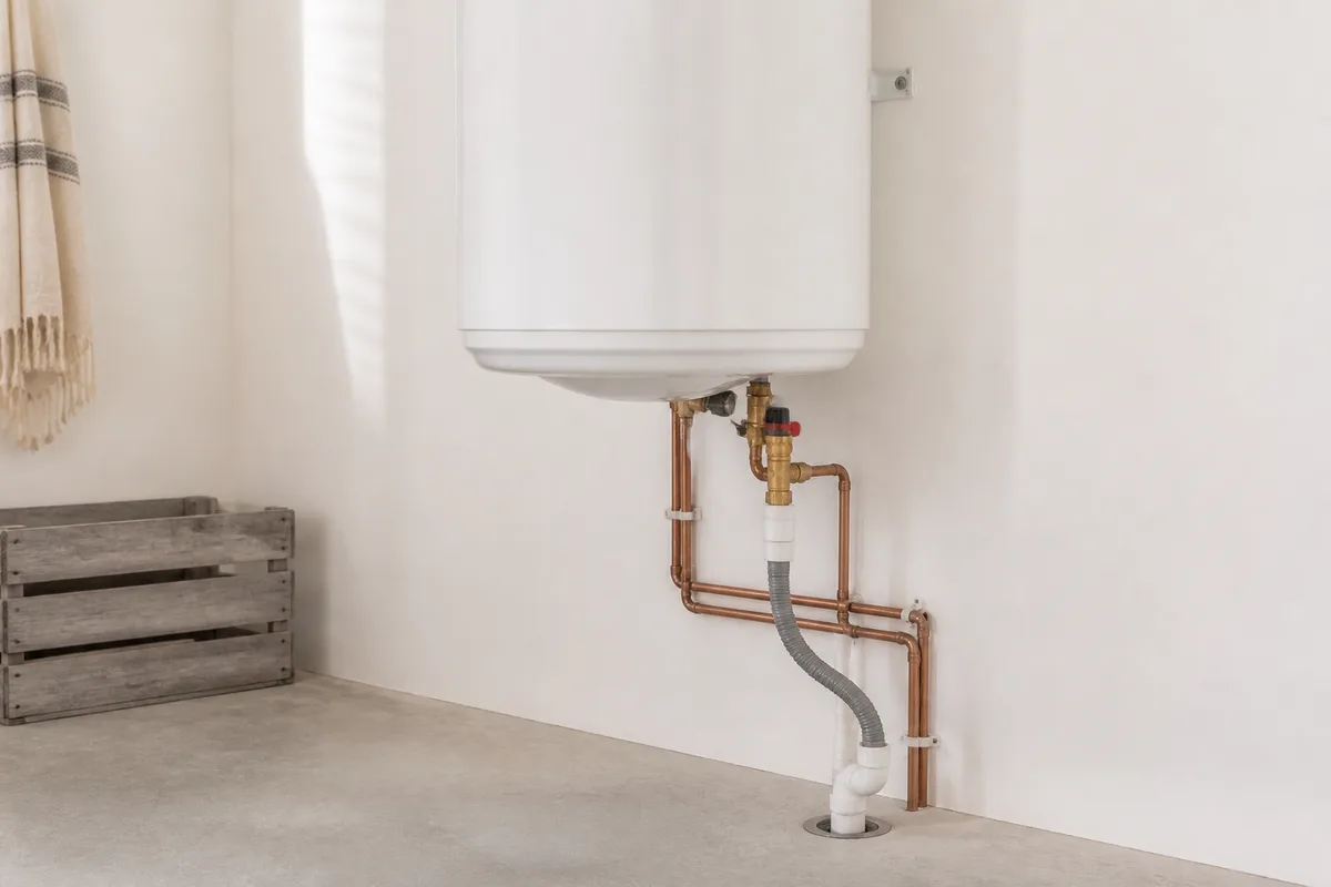 Ballon d’eau chaude électrique et groupe de sécurité en laiton dans un cellier clair de maison individuelle