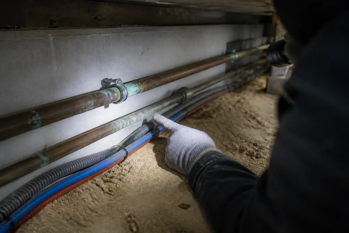 Vide sanitaire clair d&rsquo;une maison de plain-pied avec canalisations d&rsquo;eau apparentes à Gujan-Mestras