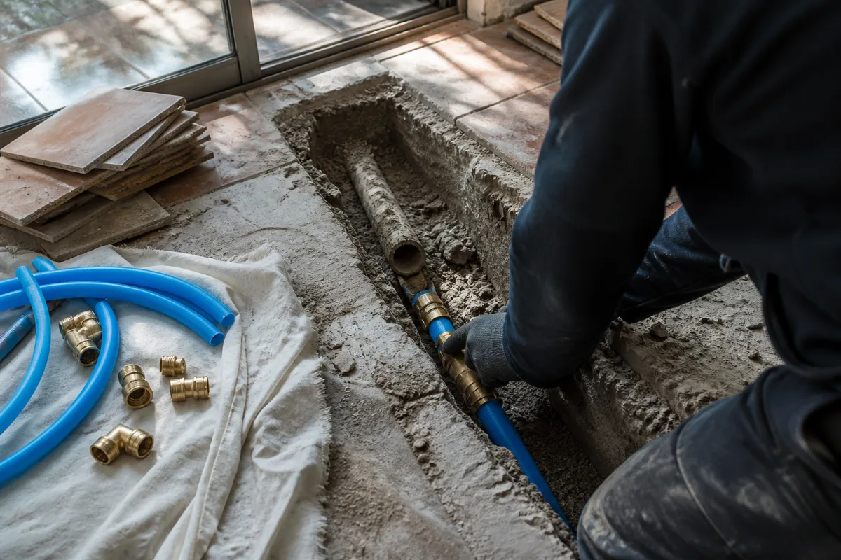 Canalisation reprise en PER au droit d&rsquo;une dalle ouverte dans une maison de plain-pied